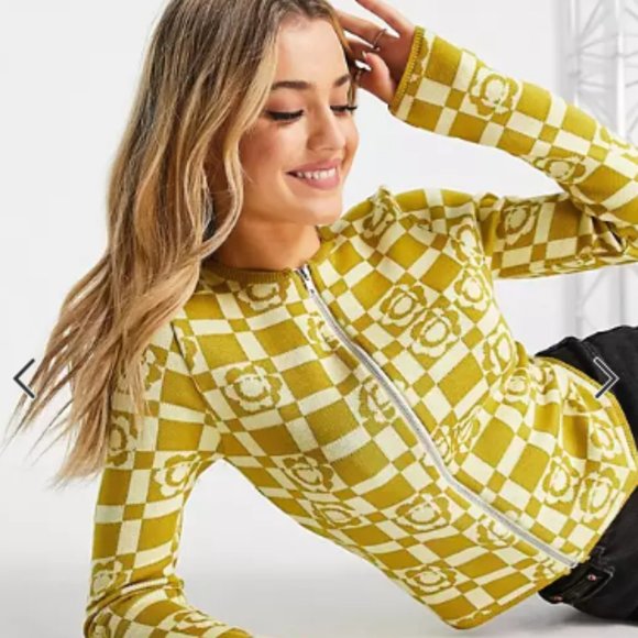 NWOT ASOS knit cardigan in yellow checkered floral print Size Small - Picture 3 of 7